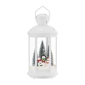 Tabletop Christmas Holiday Winter Scene Falling Snow Music Snowglobe Diorama Lit Lantern - White