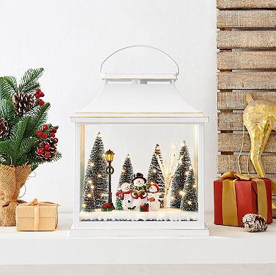 Tabletop White Christmas Holiday Winter Scene Diorama Lighted Lantern Decoration - Rectangle