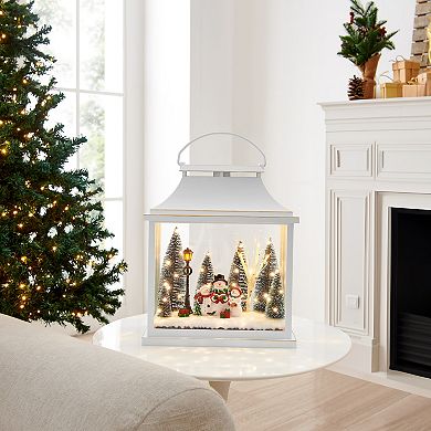 Tabletop White Christmas Holiday Winter Scene Diorama Lighted Lantern Decoration - Rectangle