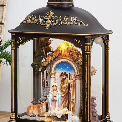 Tabletop Bronze And Gold Ornate Metal Christmas Nativity Scene Diorama Lighted Lantern Decoration
