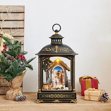 Tabletop Bronze And Gold Ornate Metal Christmas Nativity Scene Diorama Lighted Lantern Decoration