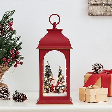 Tabletop Red Metal Christmas Santa Winter Scene Diorama Lighted Lantern Decoration