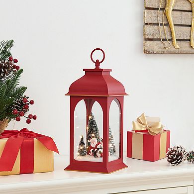 Tabletop Red Metal Christmas Santa Winter Scene Diorama Lighted Lantern Decoration