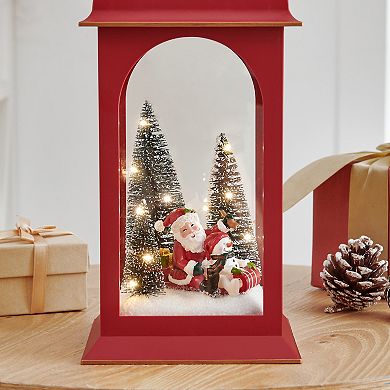 Tabletop Red Metal Christmas Santa Winter Scene Diorama Lighted Lantern Decoration