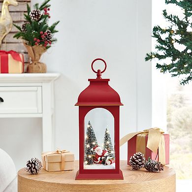 Tabletop Red Metal Christmas Santa Winter Scene Diorama Lighted Lantern Decoration