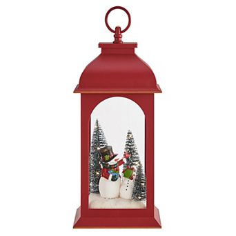 Tabletop Red Metal Christmas Snowman Winter Scene Diorama Lighted Lantern Decoration