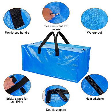 4Pcs Heavy-Duty Moving Bags, Reusable Plastic Totes with Zippered Storage, Blue Bins