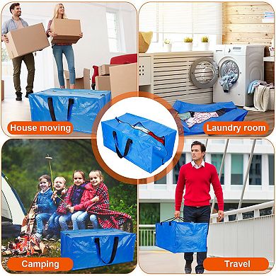 4Pcs Heavy-Duty Moving Bags, Reusable Plastic Totes with Zippered Storage, Blue Bins