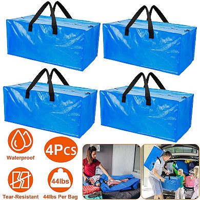 4Pcs Heavy-Duty Moving Bags, Reusable Plastic Totes with Zippered Storage, Blue Bins