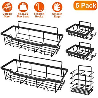 5-Pack Wall-Mounted Shower Caddy with 18 Hooks, Rustproof Storage Shelves for Bathroom & Kitchen
