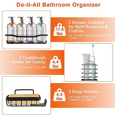 5-Pack Wall-Mounted Shower Caddy with 18 Hooks, Rustproof Storage Shelves for Bathroom & Kitchen