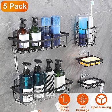5-Pack Wall-Mounted Shower Caddy with 18 Hooks, Rustproof Storage Shelves for Bathroom & Kitchen