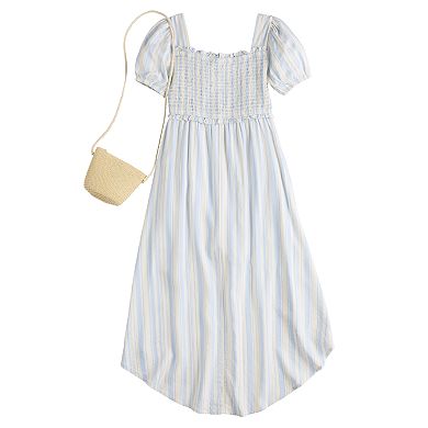 Girls 7-16 Self Esteem Square Neck Smocked Walkthrough Dress with Cross Over Straw Purse