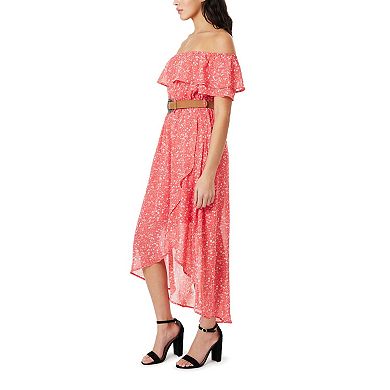 Juniors' WallFlower Off the Shoulder High-Low Hem Belted Maxi Dress