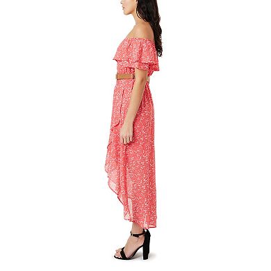 Juniors' WallFlower Off the Shoulder High-Low Hem Belted Maxi Dress