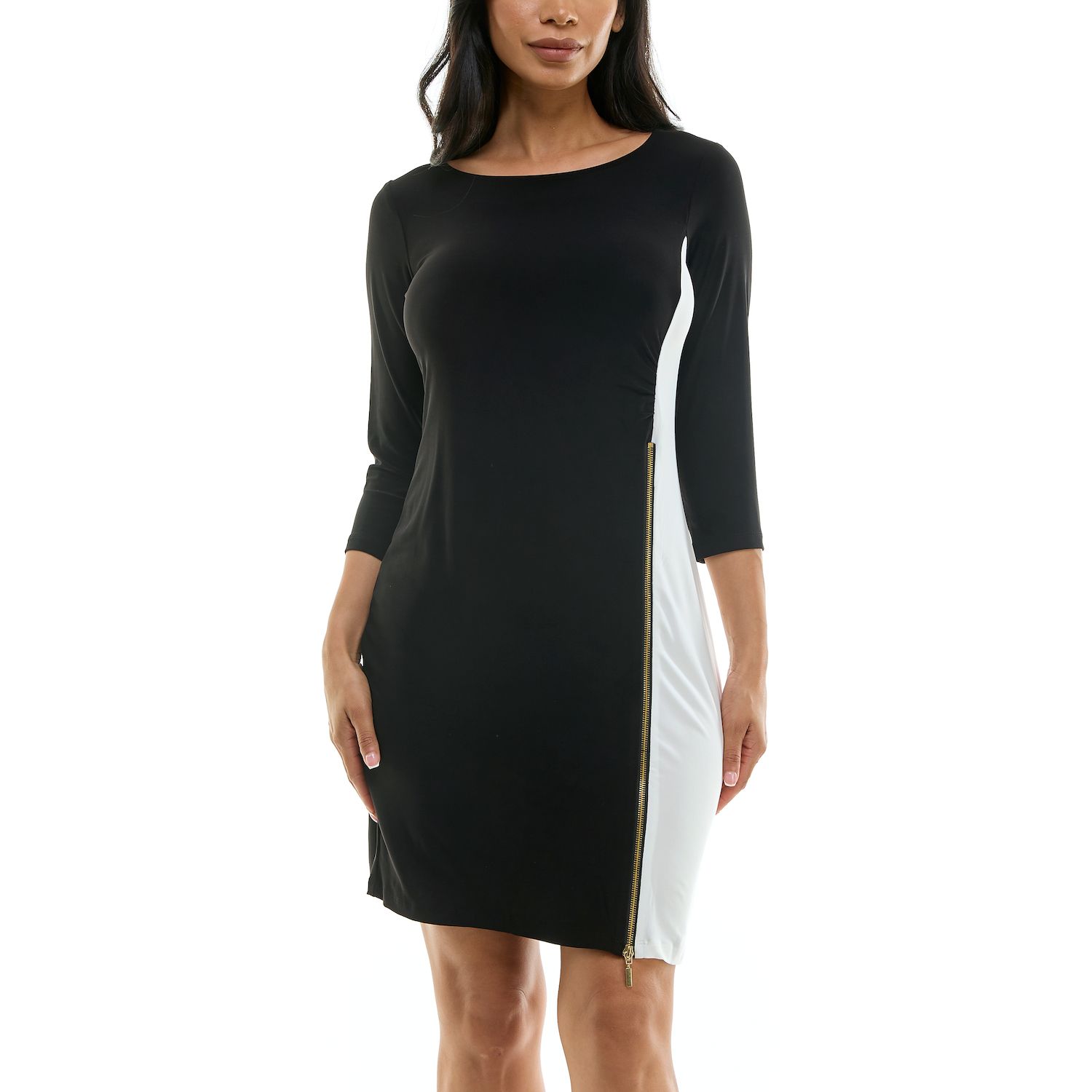 Женское платье Nina Leonard Colorblock Faux-Wrap Mini, цвет: Чёрная слоновая кость — фото 1