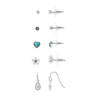 LC Lauren Conrad 5-Pair Simulated Pearl Flower & Simulated Turquoise Heart Earring Set