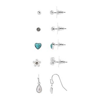LC Lauren Conrad 5-Pair Simulated Pearl Flower & Simulated Turquoise Heart Earring Set