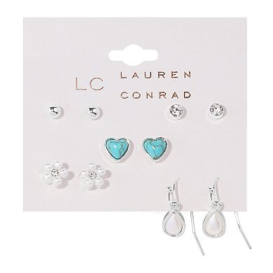 LC Lauren Conrad 5-Pair Simulated Pearl Flower & Simulated Turquoise Heart Earring Set