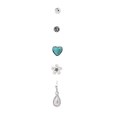 LC Lauren Conrad 5-Pair Simulated Pearl Flower & Simulated Turquoise Heart Earring Set
