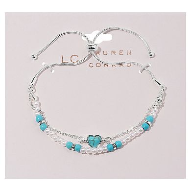LC Lauren Conrad Sterling Silver Simulated Turquoise Heart Charm Simulated Pearl Tie Bracelet