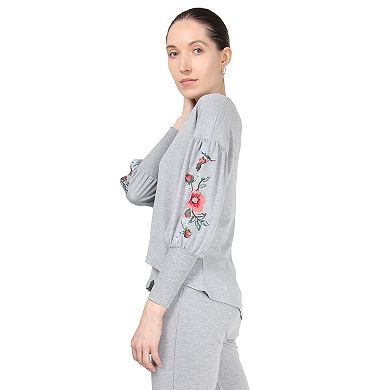 Women's Oversized Dropped Sleeve Top With Ribbed Cuff And Embroidery