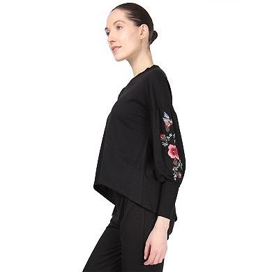 Women's Oversized Dropped Sleeve Top With Ribbed Cuff And Embroidery