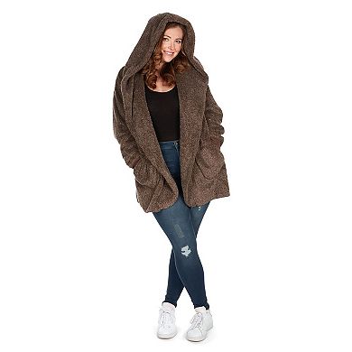 Women's Marled Plush Hooded Lounge Sweater With Shawl Collar