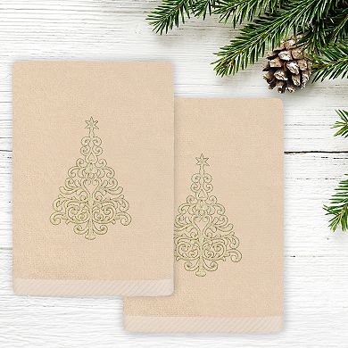Linum Home Textiles Christmas Gold Tree Embroidered Luxury Turkish Cotton 2-Pack Hand Towels