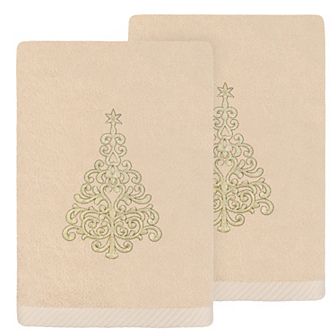 Linum Home Textiles Christmas Gold Tree Embroidered Luxury Turkish Cotton 2-Pack Hand Towels