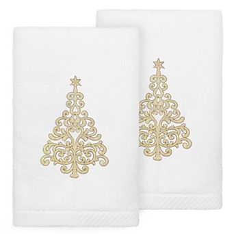 Linum Home Textiles Christmas Gold Tree Embroidered Luxury Turkish Cotton 2-Pack Hand Towels