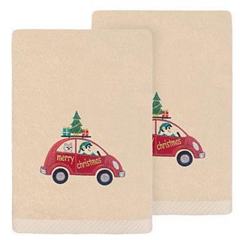 Linum Home Textiles Christmas Car Embroidered Luxury Turkish Cotton 2-Pack Hand Towels
