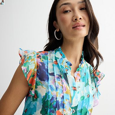Women's Donna Ricco Ruffle Sleeve High Neck Printed Dress
