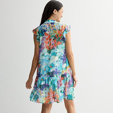 Women's Donna Ricco Ruffle Sleeve High Neck Printed Dress