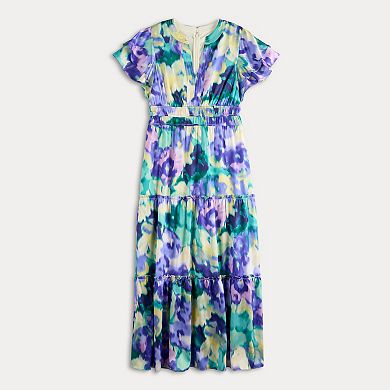 Women's Donna Ricco Printed Short Sleeve V-Neck Maxi Dress