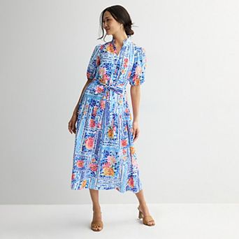 Women's Donna Ricco Puff Sleeve V-Neck Button Up Midi Dress