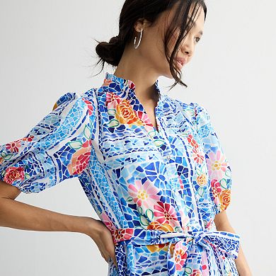 Women's Donna Ricco Puff Sleeve V-Neck Button Up Midi Dress