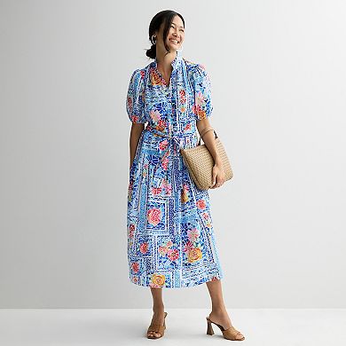 Women's Donna Ricco Puff Sleeve V-Neck Button Up Midi Dress
