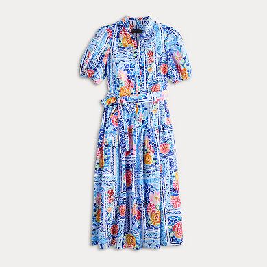 Women's Donna Ricco Puff Sleeve V-Neck Button Up Midi Dress