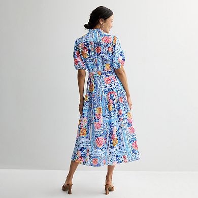 Women's Donna Ricco Puff Sleeve V-Neck Button Up Midi Dress