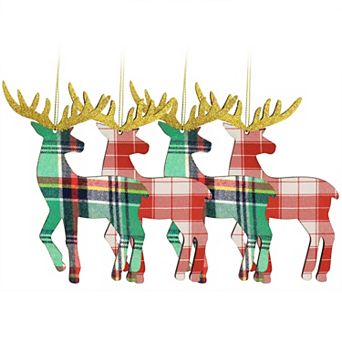 Holiday Reindeer Ornament 4 pc Set in Red and Green