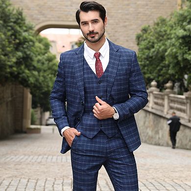Men's 3 Pc Slim Fit Checked Suit Single Breasted Vintage Suits