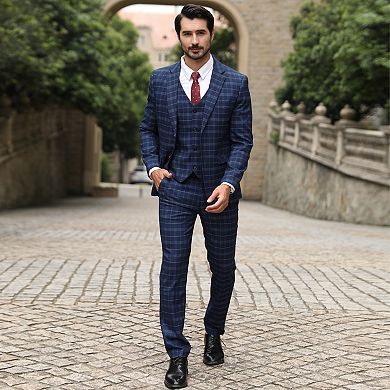 Men's 3 Pc Slim Fit Checked Suit Single Breasted Vintage Suits