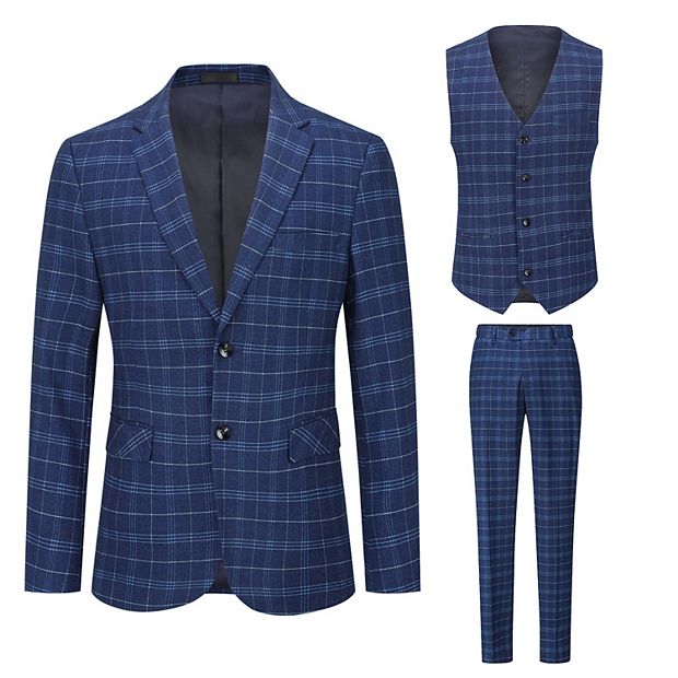Men's 3 Pc Slim Fit Checked Suit Single Breasted Vintage Suits