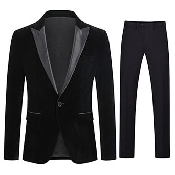 Men's Velvet 2 pc Suit Peaked Lapel Single Button Tuxedo Dinner Jacket Pants