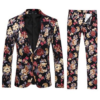 Men's Floral 2 pc Suit Notched Lapel One Button Slim Fit Suit