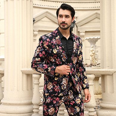 Men's Floral 2 pc Suit Notched Lapel One Button Slim Fit Suit