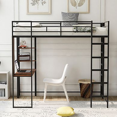 Merax Metal Loft Bed With 2 Shelves And One Desk