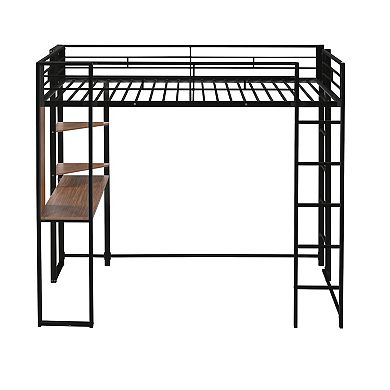 Merax Metal Loft Bed With 2 Shelves And One Desk