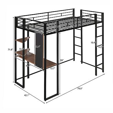 Merax Metal Loft Bed With 2 Shelves And One Desk